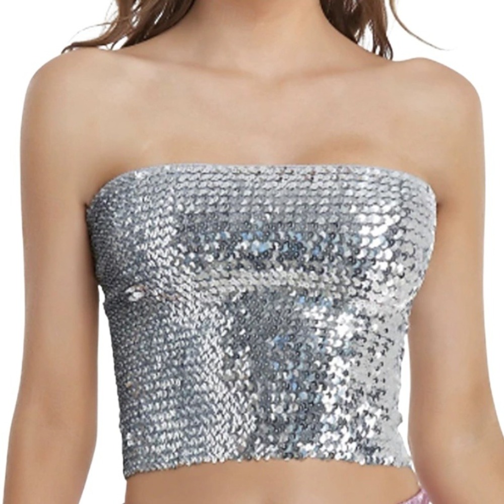 Retro Vintage 1980s Shiny Metallic Glam Tube Top Disco Sequins OS (S-M)